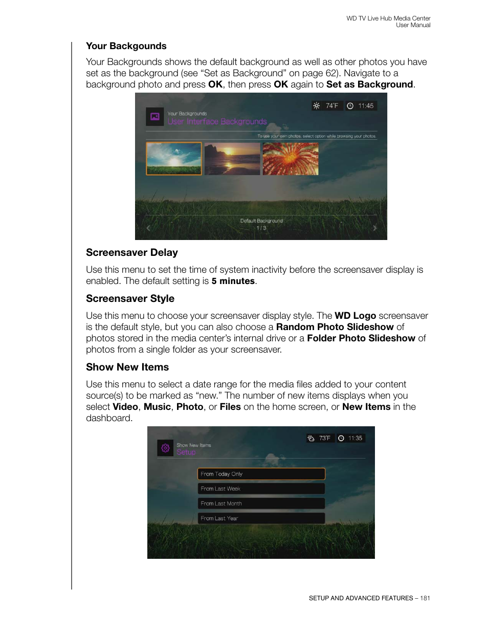 Your backgounds, Screensaver delay, Screensaver style | Show new items | Western Digital WD TV Live Hub Media Center User Manual User Manual | Page 186 / 241
