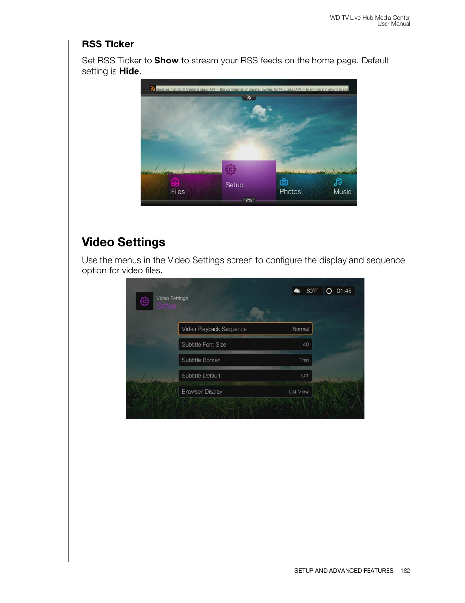 Rss ticker, Video settings | Western Digital WD TV Live Hub Media Center User Manual User Manual | Page 187 / 241