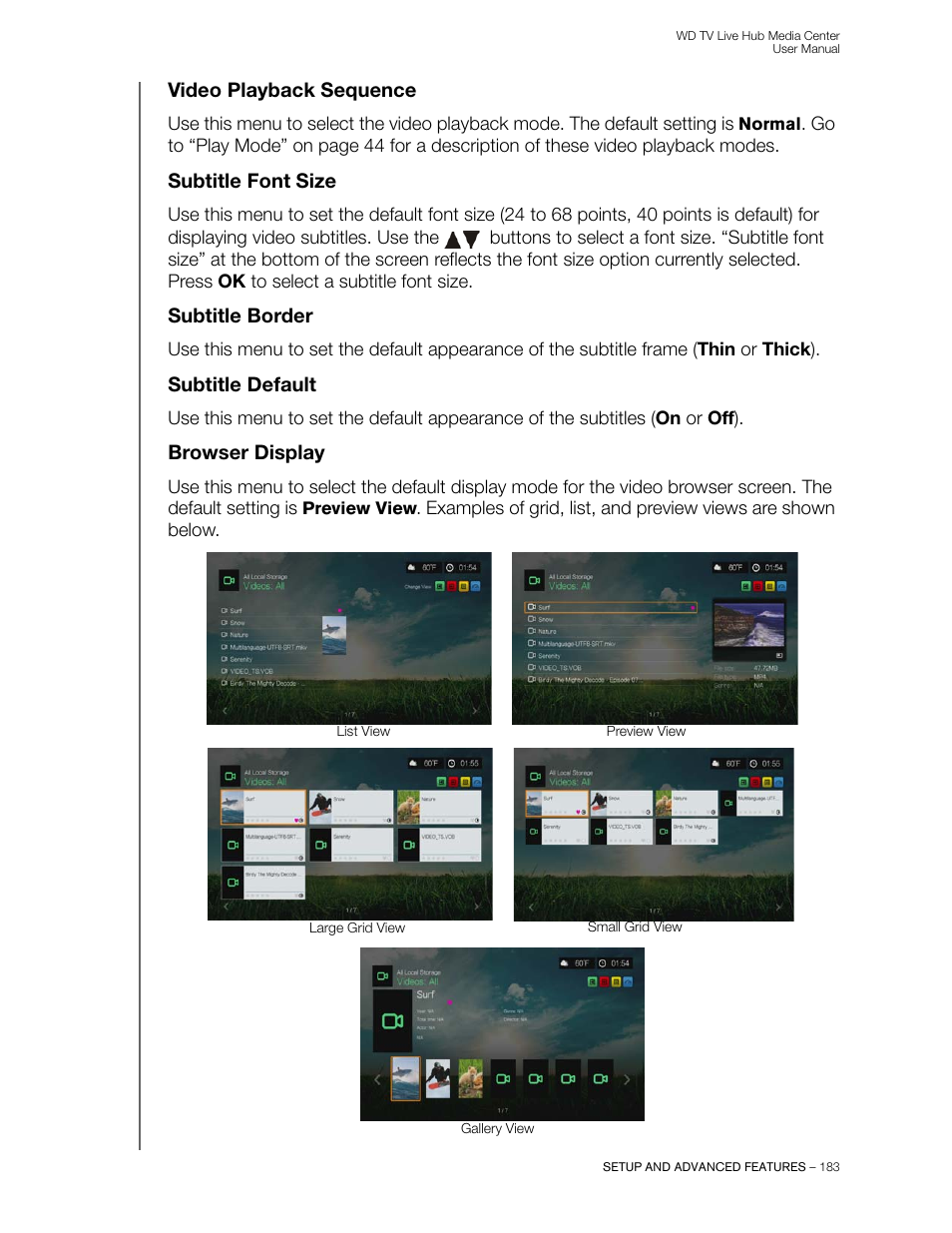 Video playback sequence, Subtitle font size, Subtitle border | Subtitle default, Browser display | Western Digital WD TV Live Hub Media Center User Manual User Manual | Page 188 / 241