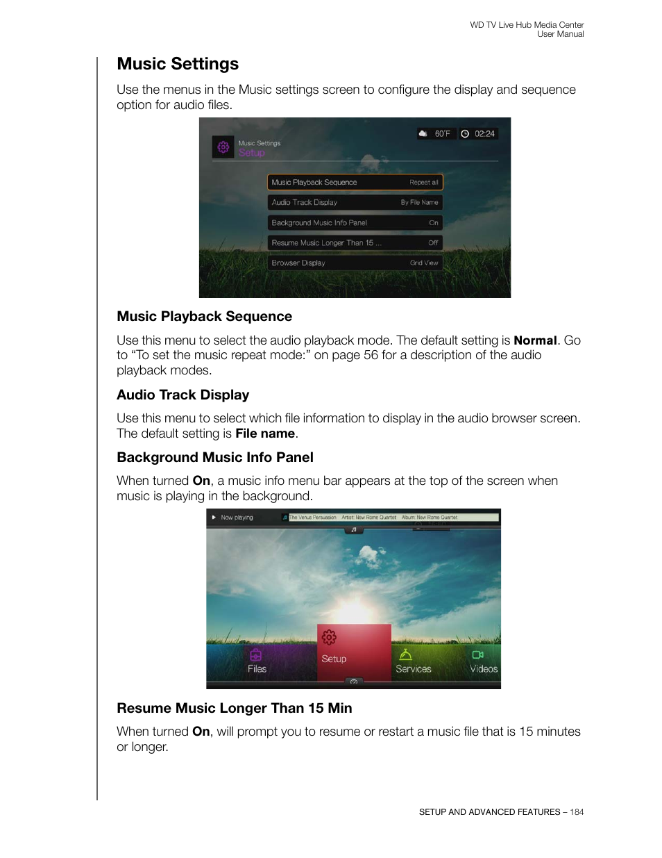 Music settings, Music playback sequence, Audio track display | Background music info panel, Resume music longer than 15 min | Western Digital WD TV Live Hub Media Center User Manual User Manual | Page 189 / 241