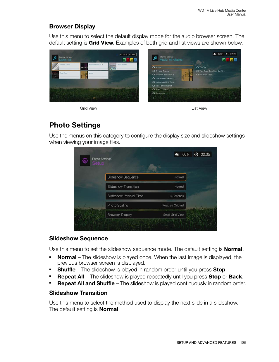 Browser display, Photo settings, Slideshow sequence | Slideshow transition | Western Digital WD TV Live Hub Media Center User Manual User Manual | Page 190 / 241