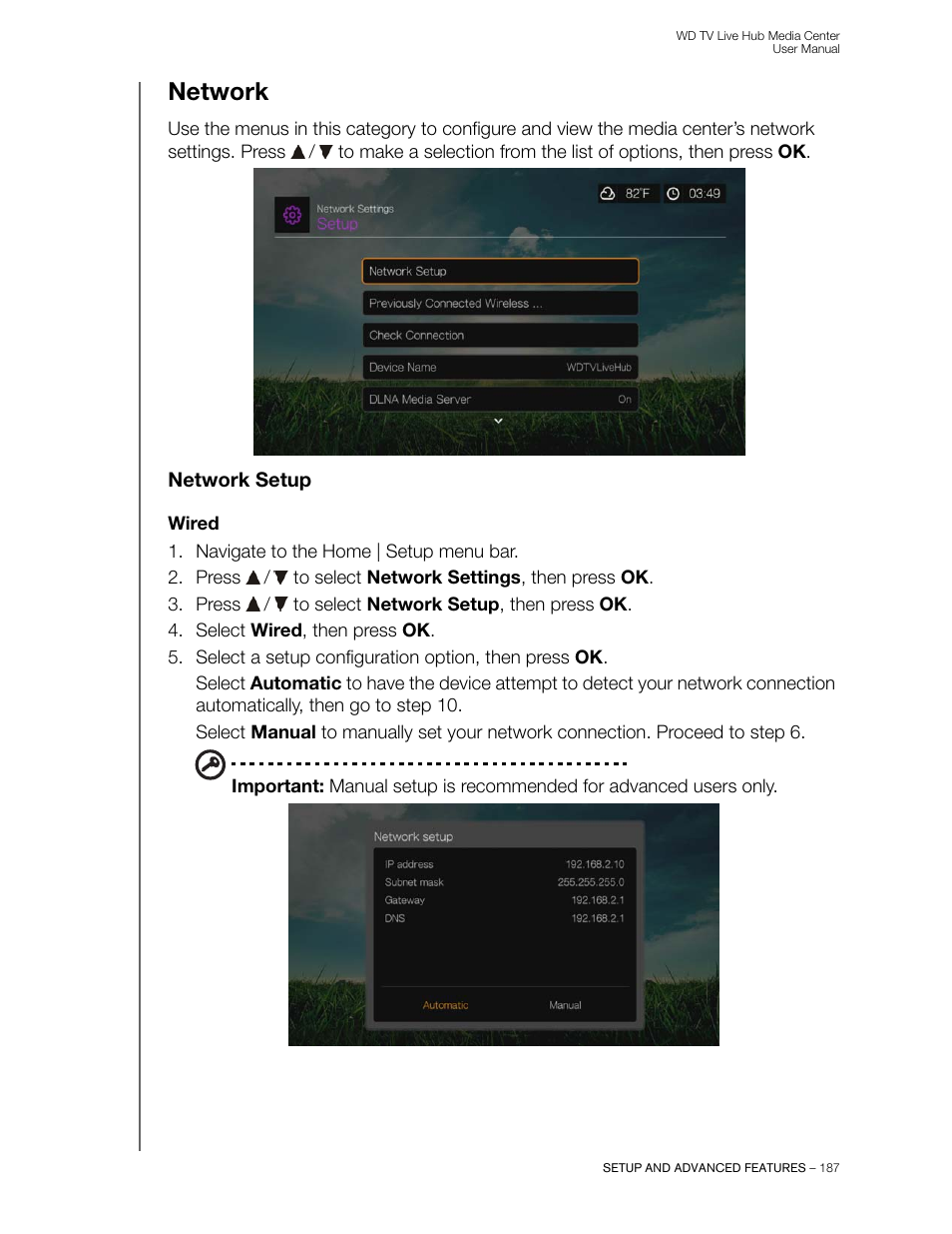 Network, Network setup, Wired | Western Digital WD TV Live Hub Media Center User Manual User Manual | Page 192 / 241
