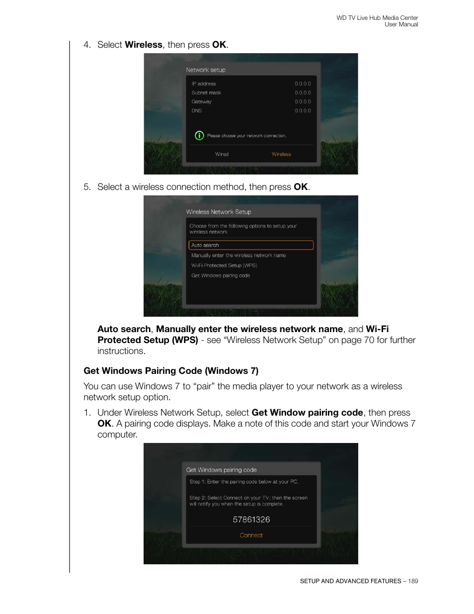 Get windows pairing code (windows 7) | Western Digital WD TV Live Hub Media Center User Manual User Manual | Page 194 / 241