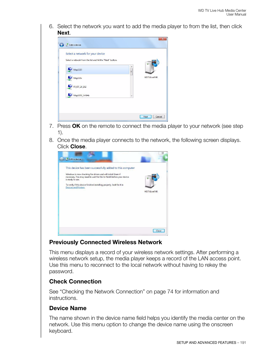 Previously connected wireless network, Check connection, Device name | Western Digital WD TV Live Hub Media Center User Manual User Manual | Page 196 / 241