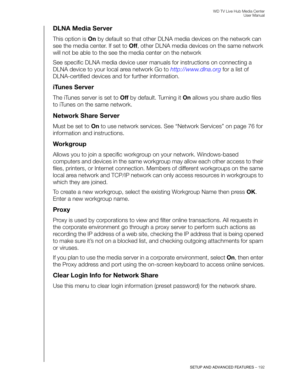 Dlna media server, Itunes server, Network share server | Workgroup, Proxy, Clear login info for network share | Western Digital WD TV Live Hub Media Center User Manual User Manual | Page 197 / 241