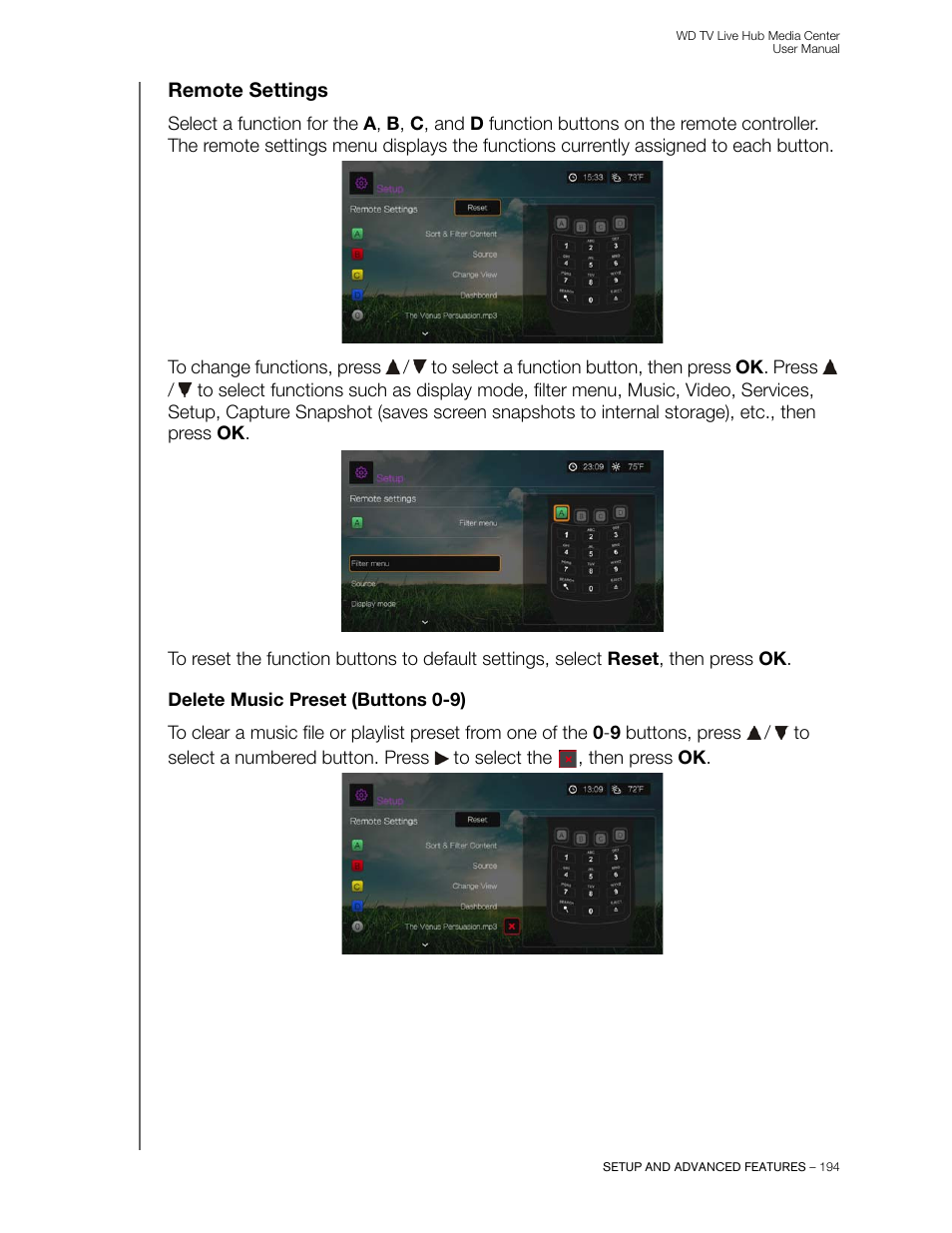 Remote settings, Delete music preset (buttons 0-9) | Western Digital WD TV Live Hub Media Center User Manual User Manual | Page 199 / 241