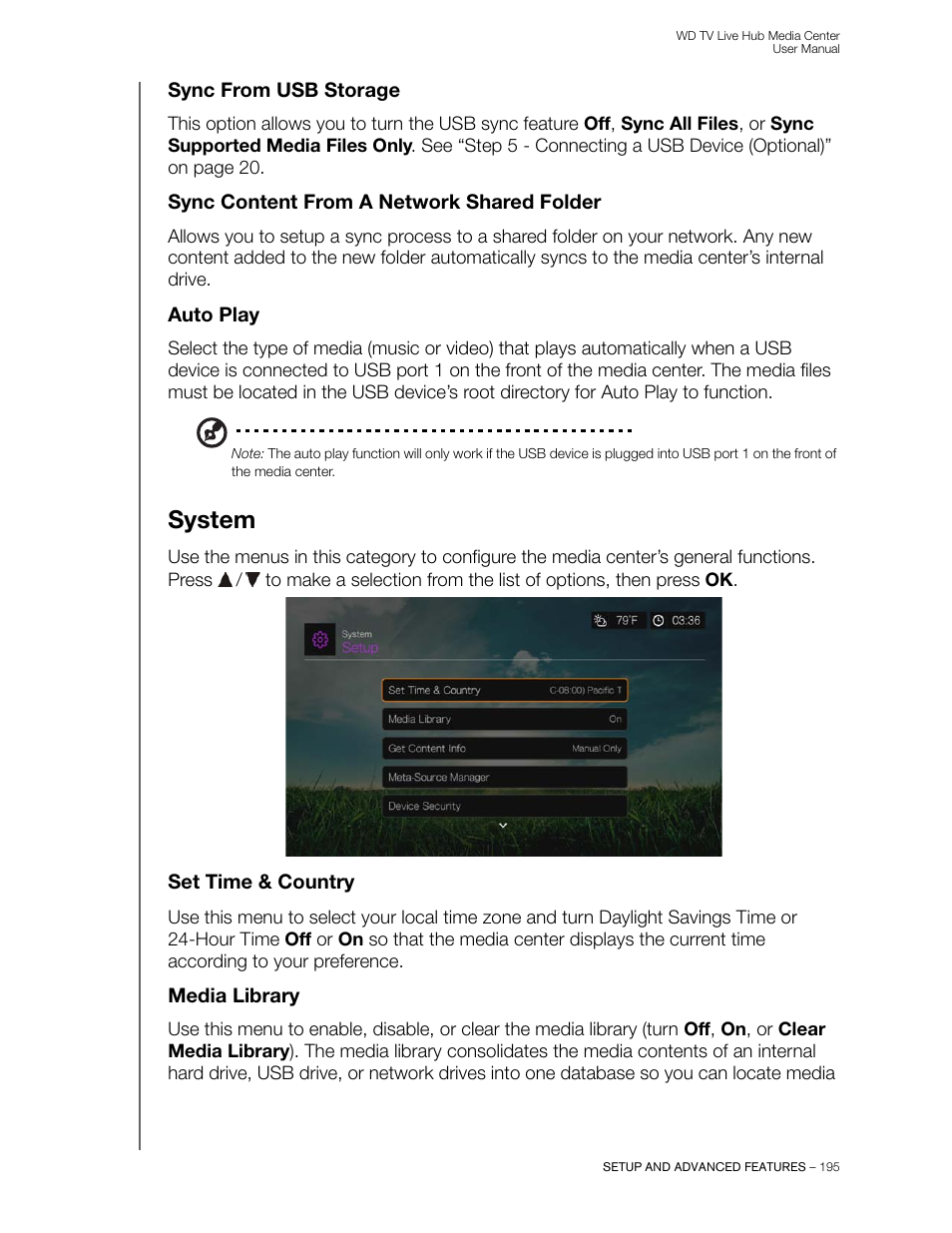 Sync from usb storage, Sync content from a network shared folder, Auto play | System, Set time & country, Media library | Western Digital WD TV Live Hub Media Center User Manual User Manual | Page 200 / 241