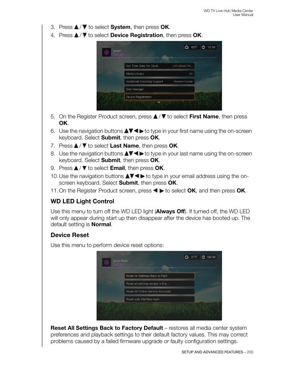 Wd led light control, Device reset | Western Digital WD TV Live Hub Media Center User Manual User Manual | Page 205 / 241