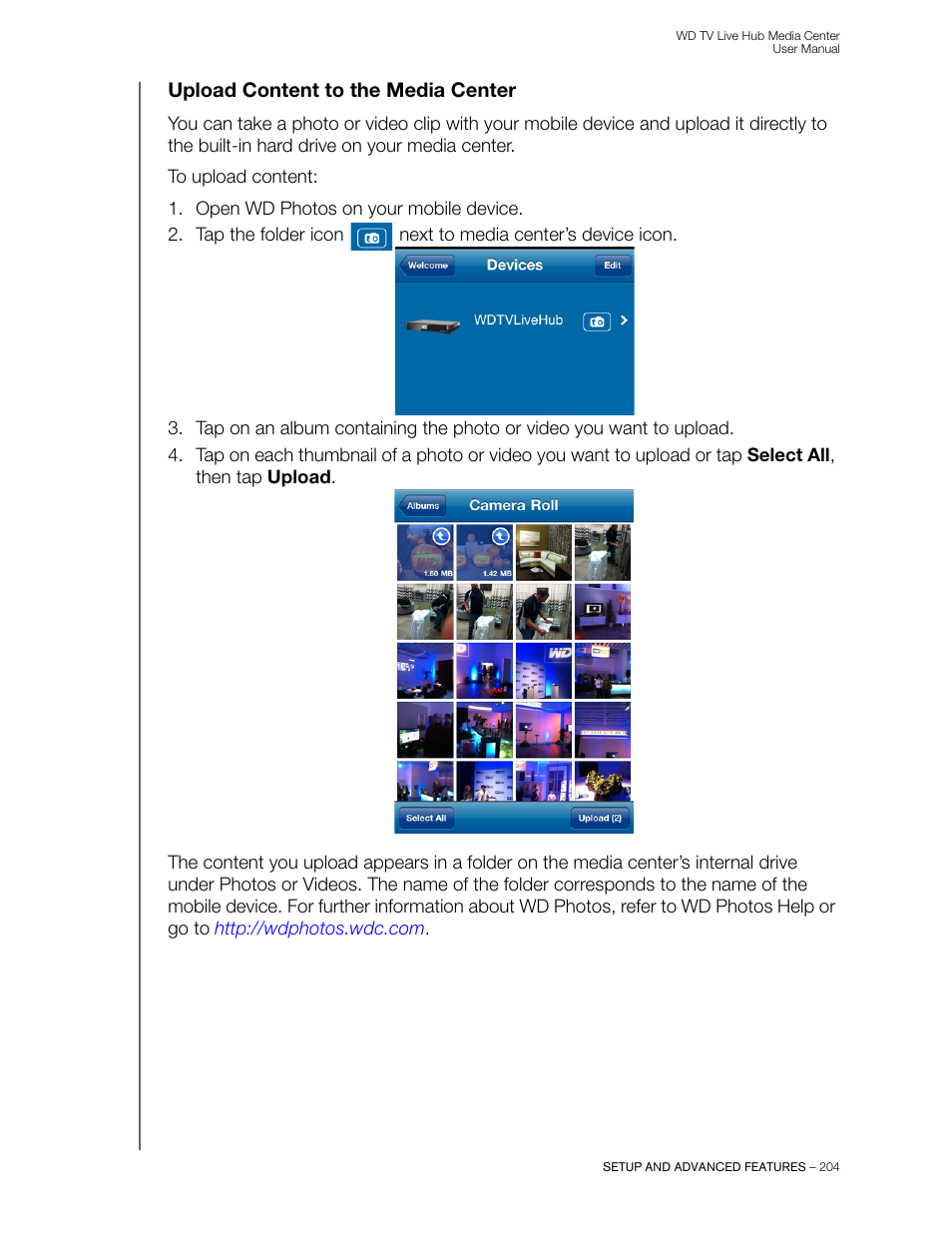 Upload content to the media center | Western Digital WD TV Live Hub Media Center User Manual User Manual | Page 209 / 241