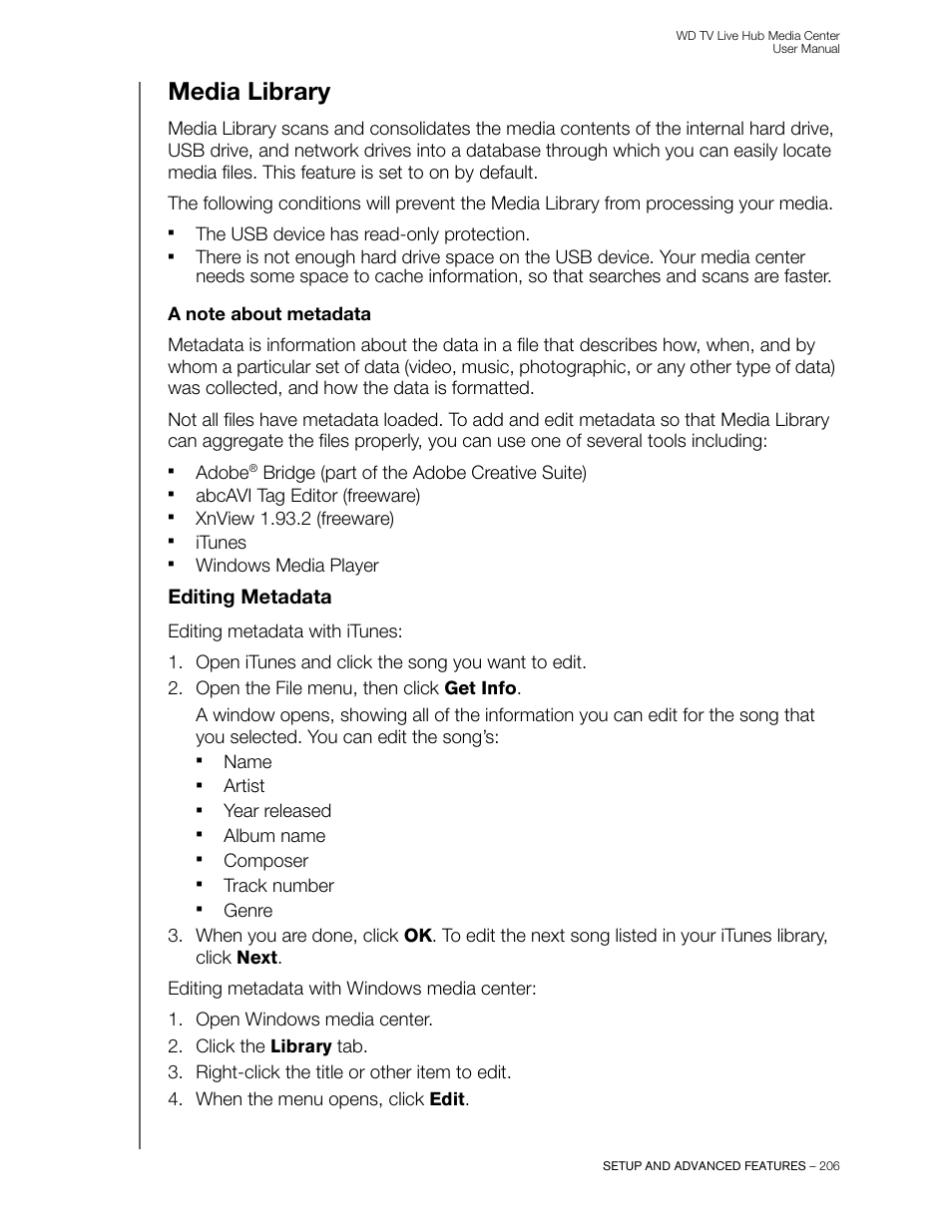 Media library, A note about metadata, Editing metadata | Western Digital WD TV Live Hub Media Center User Manual User Manual | Page 211 / 241