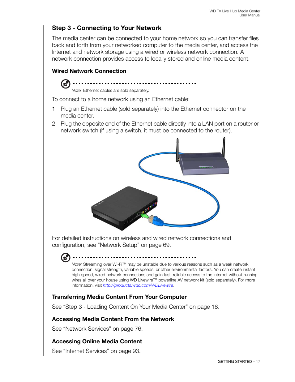 Step 3 - connecting to your network, Wired network connection, Transferring media content from your computer | Accessing media content from the network, Accessing online media content | Western Digital WD TV Live Hub Media Center User Manual User Manual | Page 22 / 241