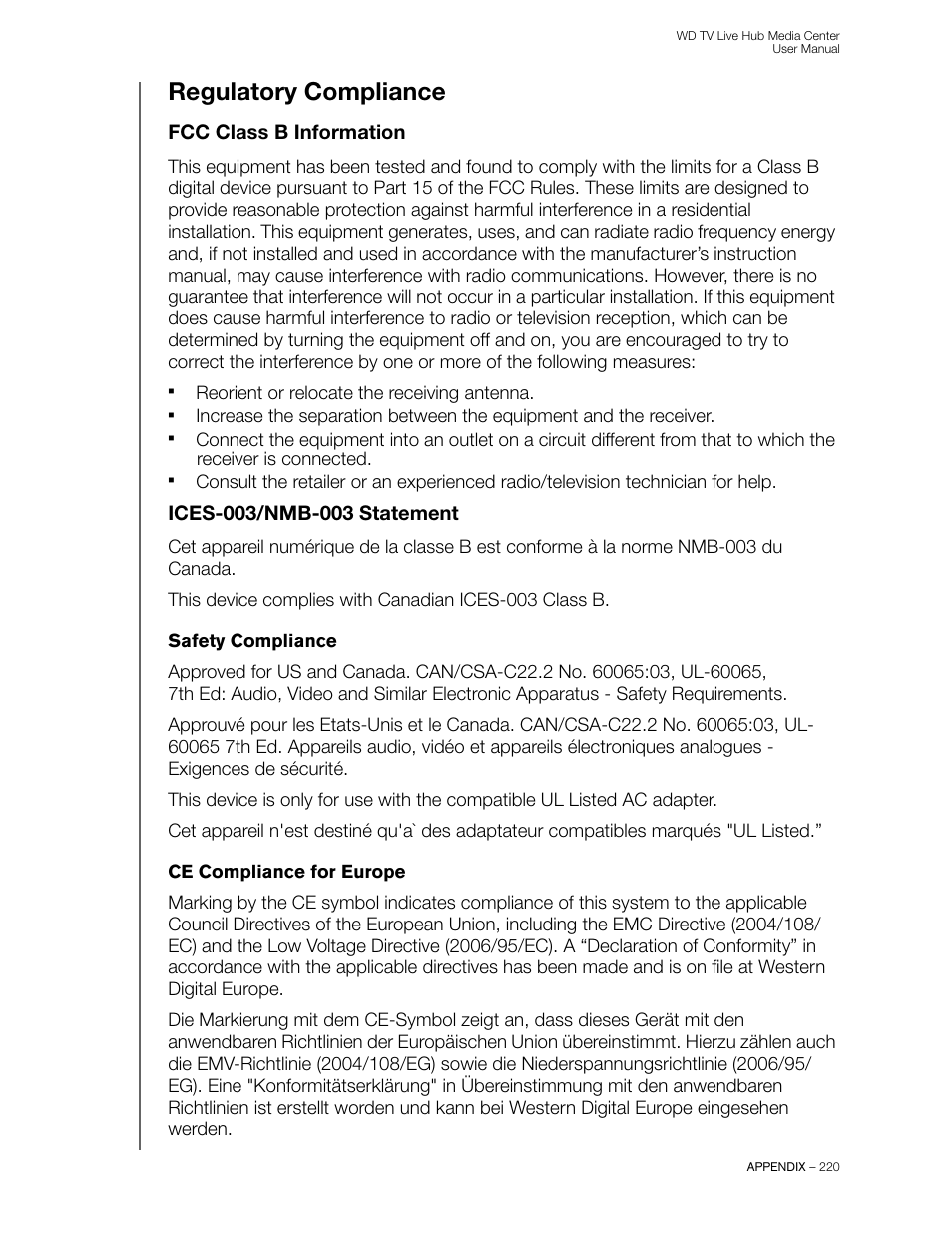 Regulatory compliance, Fcc class b information, Ices-003/nmb-003 statement | Western Digital WD TV Live Hub Media Center User Manual User Manual | Page 225 / 241