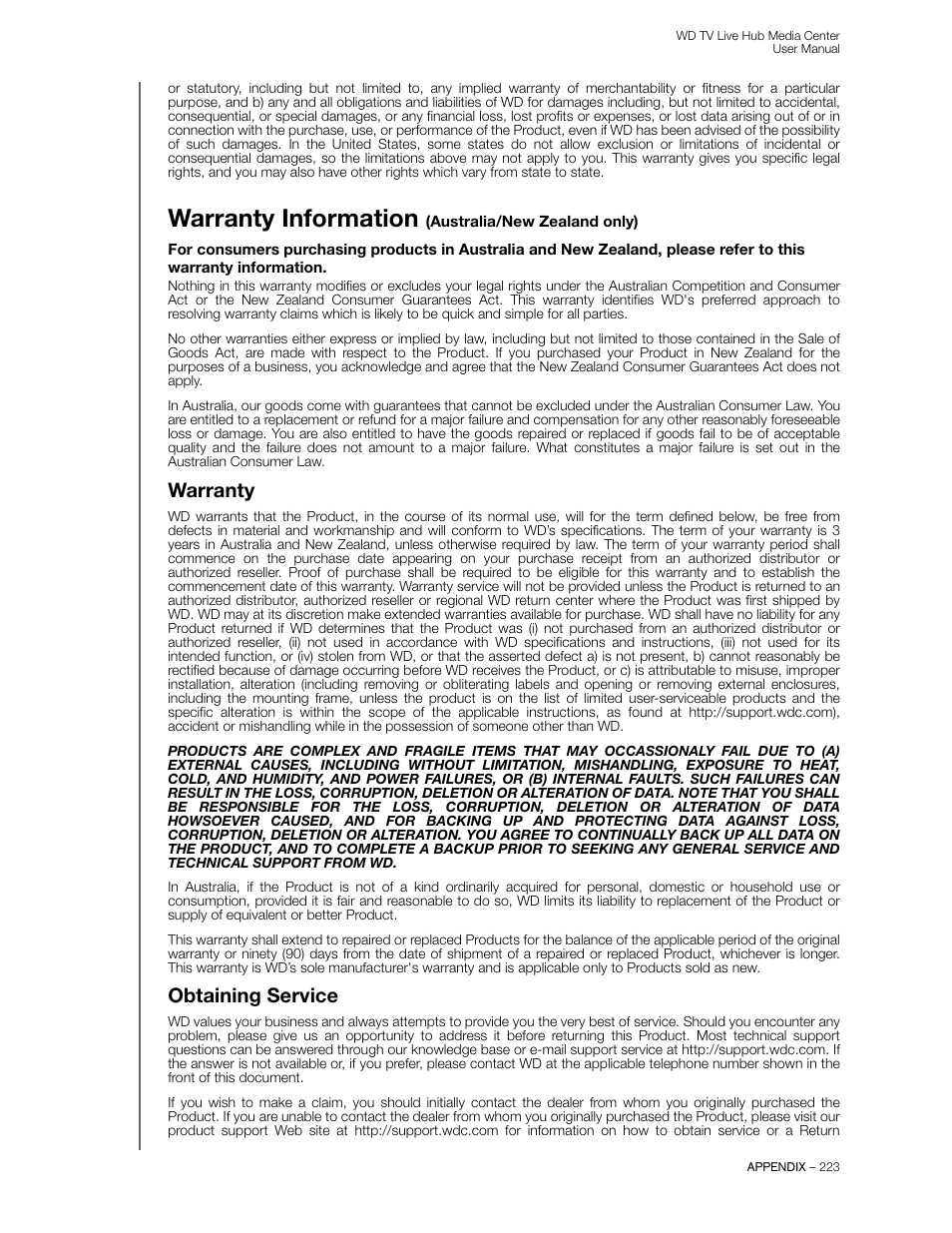 Warranty information (australia/new zealand only), Warranty, Obtaining service | Warranty information | Western Digital WD TV Live Hub Media Center User Manual User Manual | Page 228 / 241