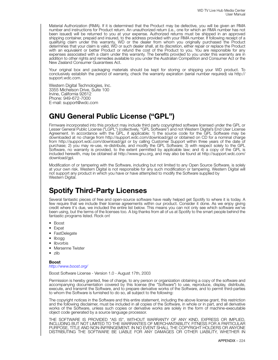 Gnu general public license (“gpl”), Spotify third-party licenses | Western Digital WD TV Live Hub Media Center User Manual User Manual | Page 229 / 241
