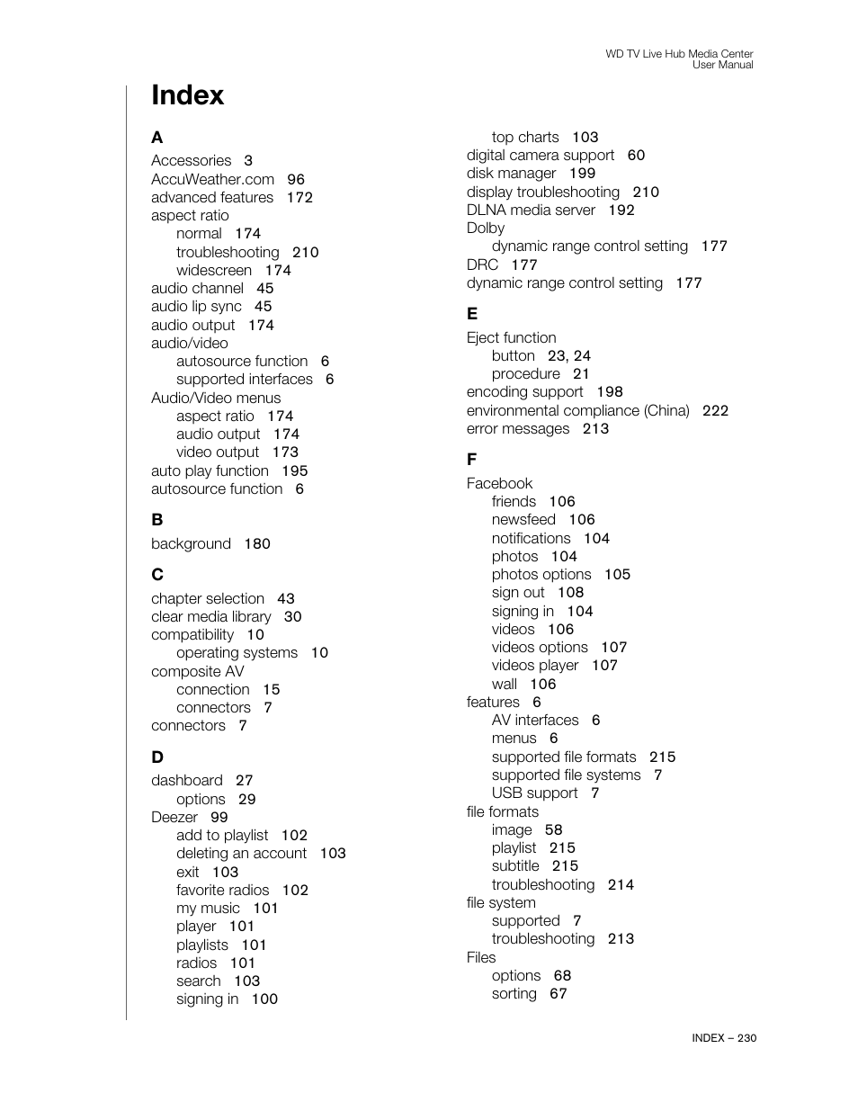 Index | Western Digital WD TV Live Hub Media Center User Manual User Manual | Page 235 / 241