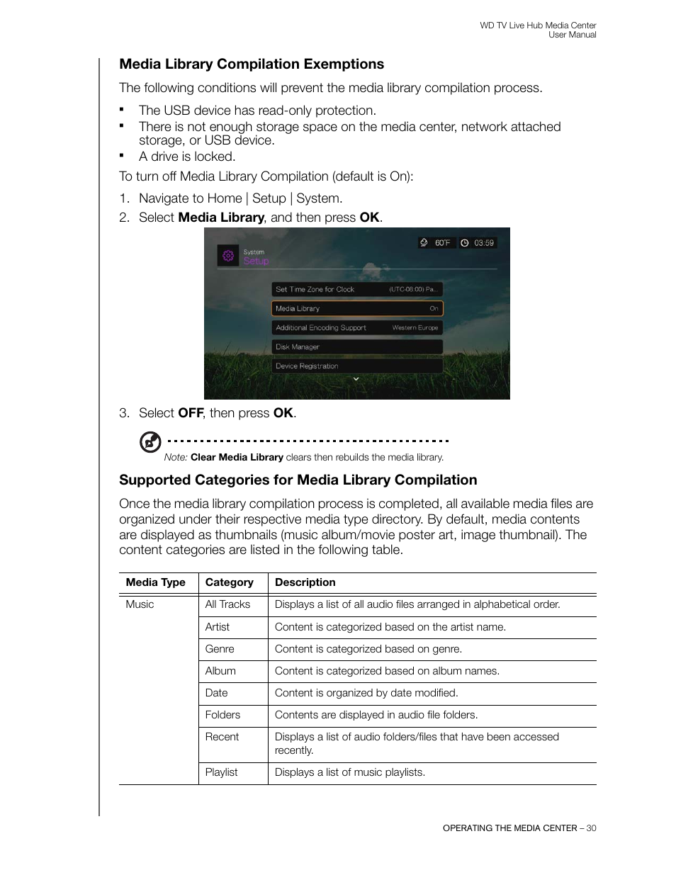 Media library compilation exemptions, Supported categories for media library compilation | Western Digital WD TV Live Hub Media Center User Manual User Manual | Page 35 / 241