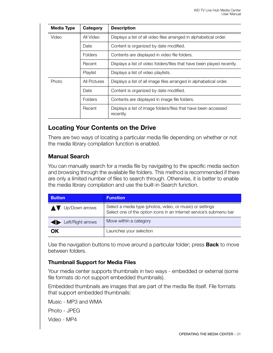 Locating your contents on the drive, Manual search, Thumbnail support for media files | Western Digital WD TV Live Hub Media Center User Manual User Manual | Page 36 / 241