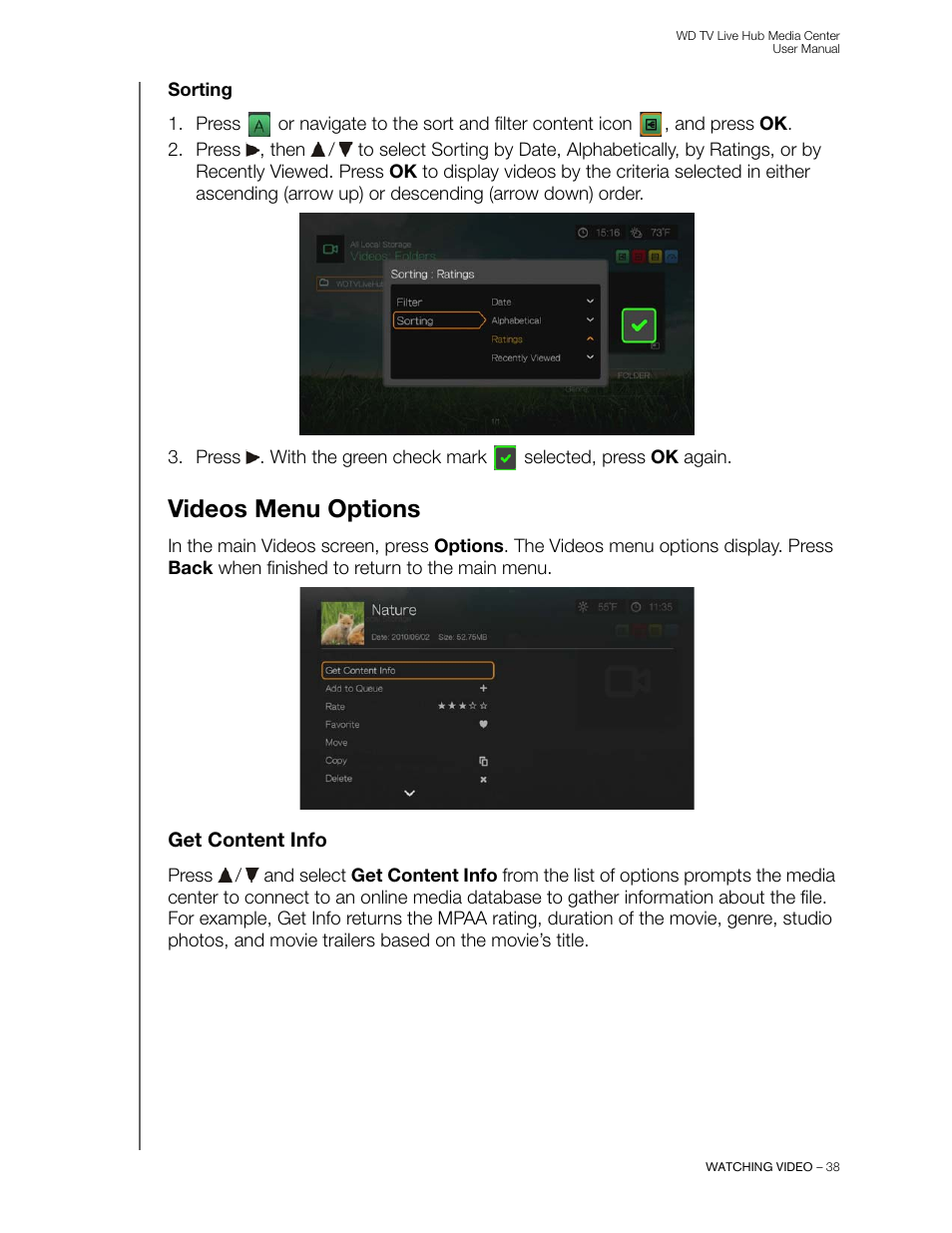 Sorting, Videos menu options, Get content info | Western Digital WD TV Live Hub Media Center User Manual User Manual | Page 43 / 241