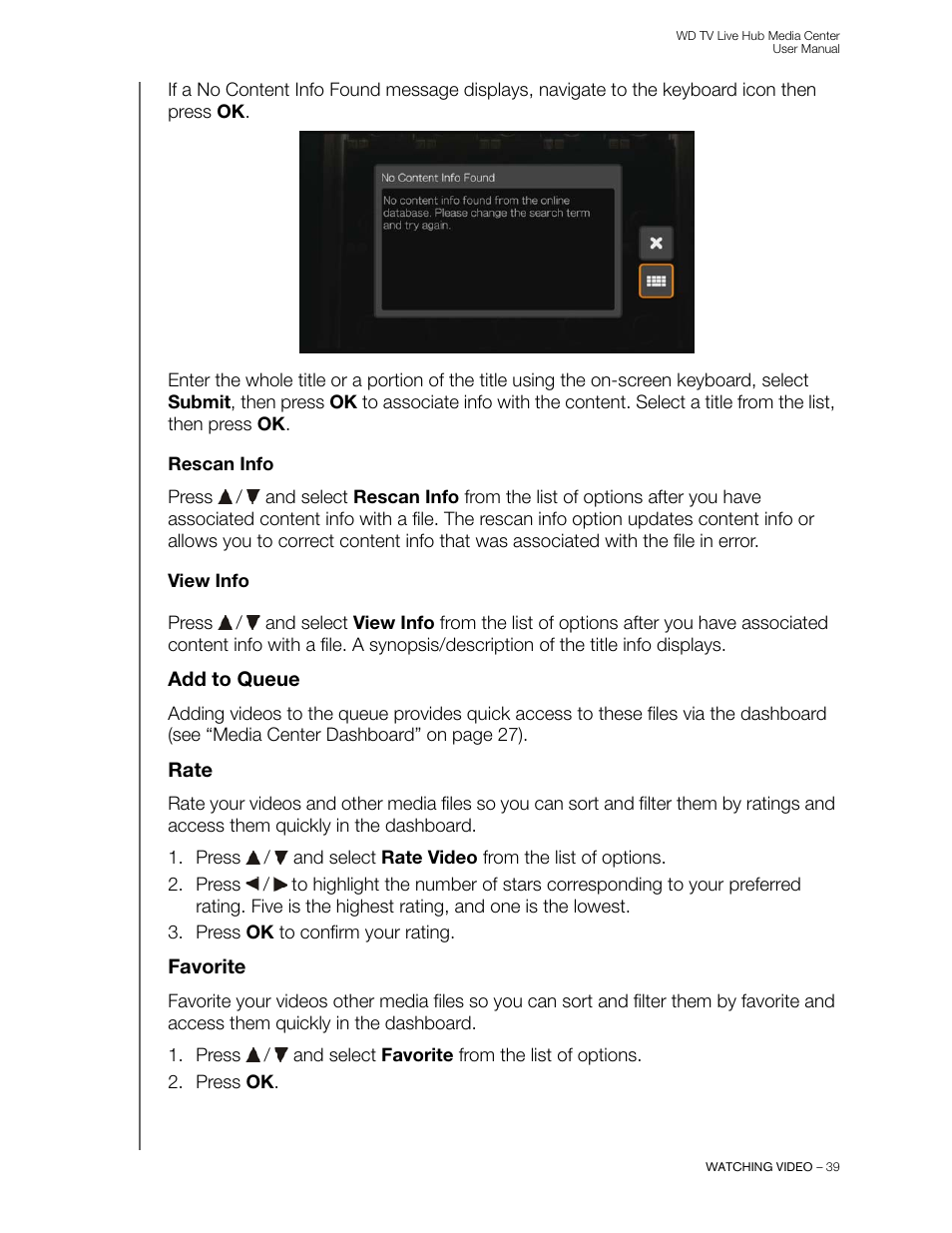 Rescan info, View info, Add to queue | Rate, Favorite | Western Digital WD TV Live Hub Media Center User Manual User Manual | Page 44 / 241