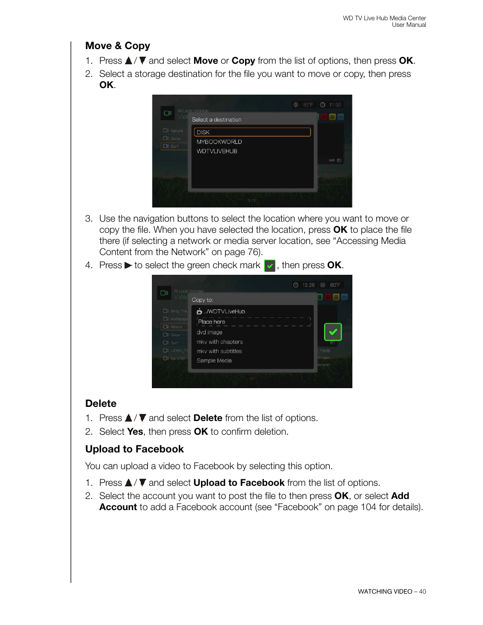Move & copy, Delete, Upload to facebook | Western Digital WD TV Live Hub Media Center User Manual User Manual | Page 45 / 241