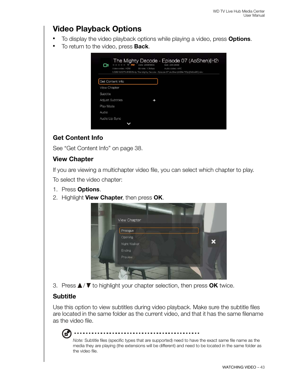 Video playback options, Get content info, View chapter | Subtitle | Western Digital WD TV Live Hub Media Center User Manual User Manual | Page 48 / 241