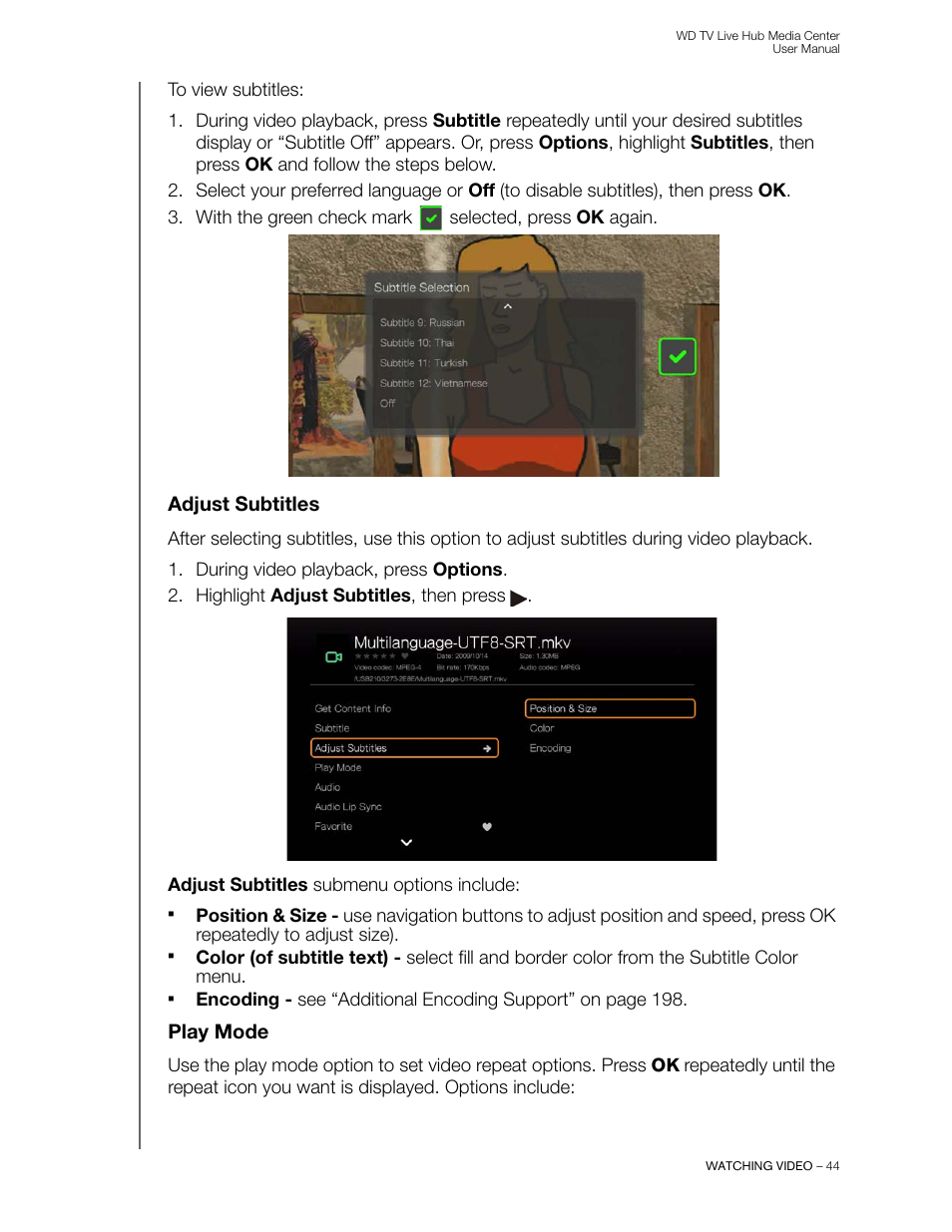 Adjust subtitles, Play mode | Western Digital WD TV Live Hub Media Center User Manual User Manual | Page 49 / 241