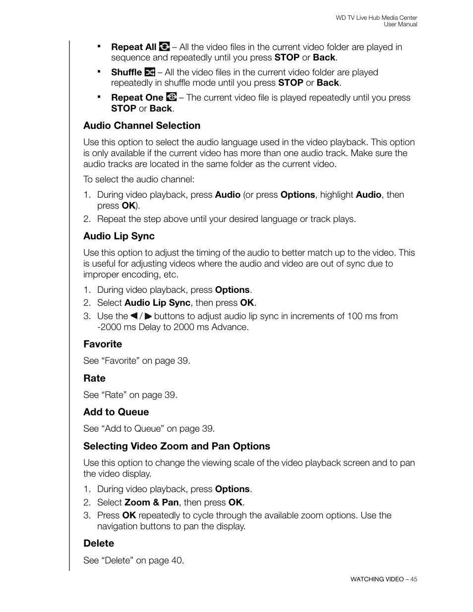 Audio channel selection, Audio lip sync, Favorite | Rate, Add to queue, Selecting video zoom and pan options, Delete | Western Digital WD TV Live Hub Media Center User Manual User Manual | Page 50 / 241