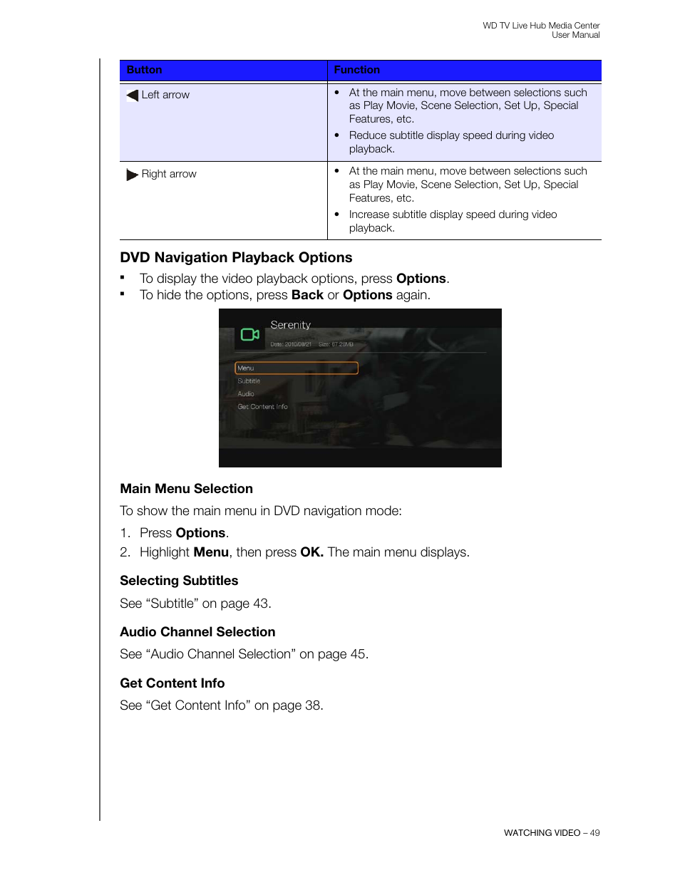 Dvd navigation playback options, Main menu selection, Selecting subtitles | Audio channel selection, Get content info | Western Digital WD TV Live Hub Media Center User Manual User Manual | Page 54 / 241