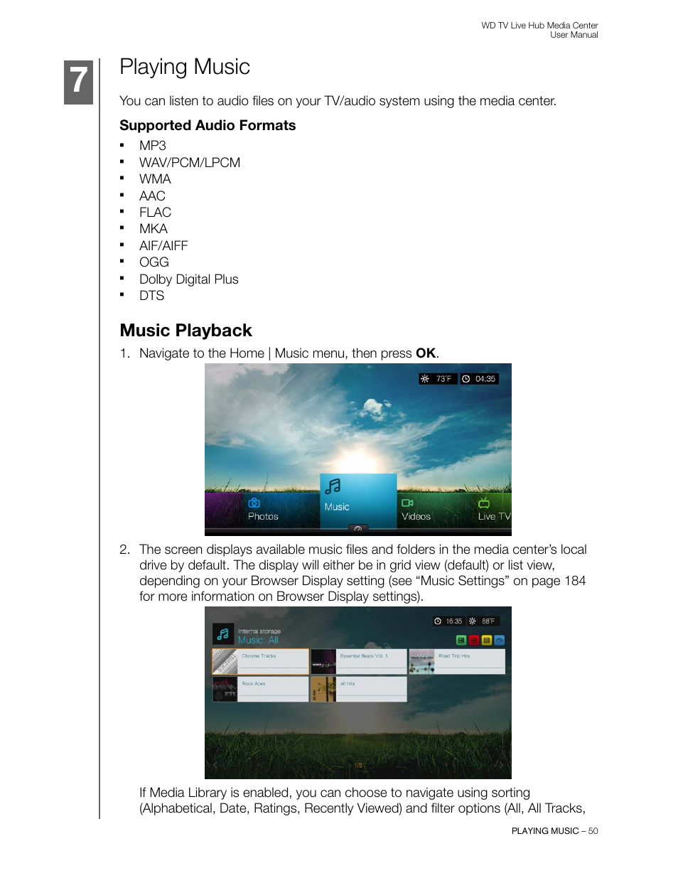 Playing music, Supported audio formats, Music playback | Western Digital WD TV Live Hub Media Center User Manual User Manual | Page 55 / 241
