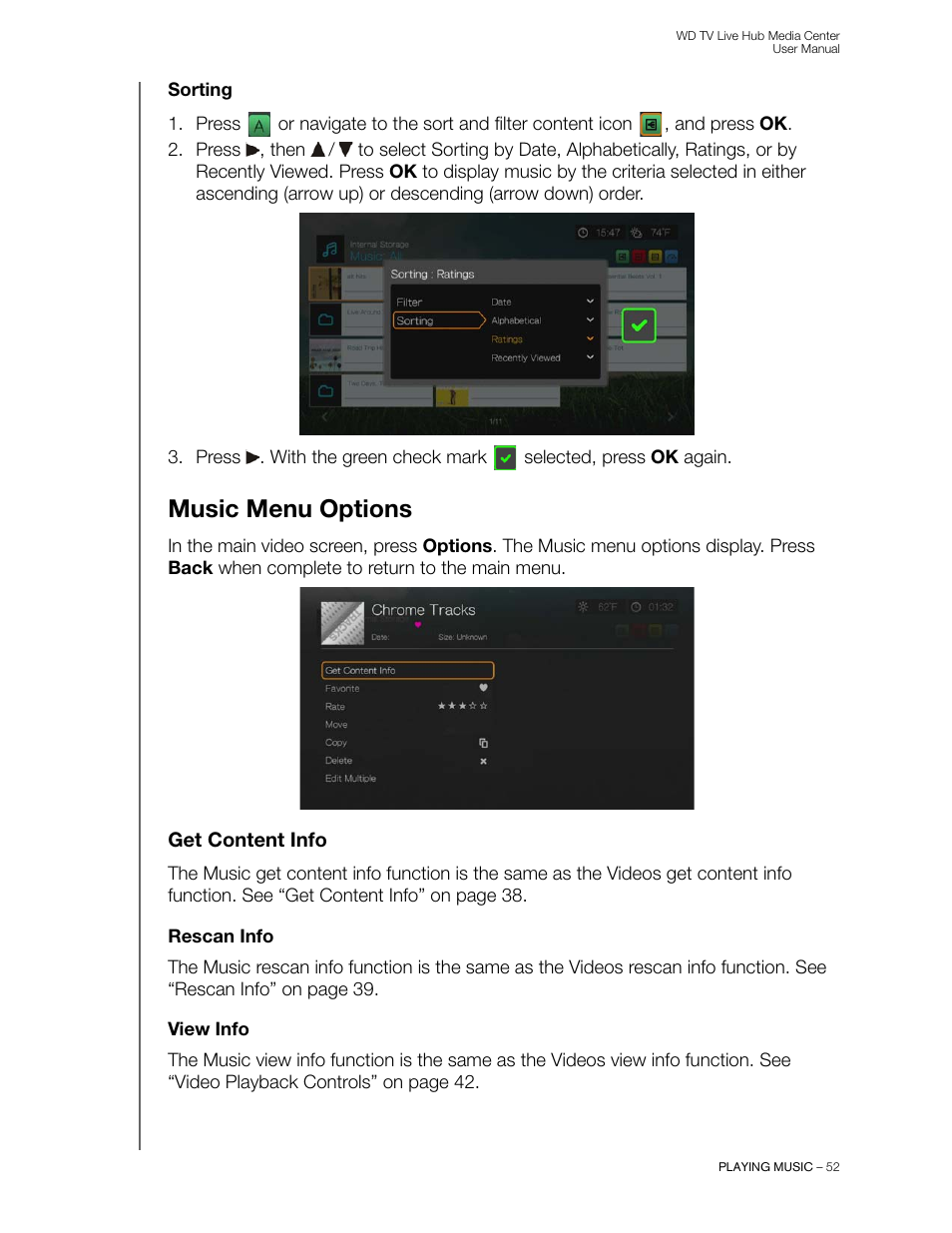 Sorting, Music menu options, Get content info | Rescan info, View info | Western Digital WD TV Live Hub Media Center User Manual User Manual | Page 57 / 241