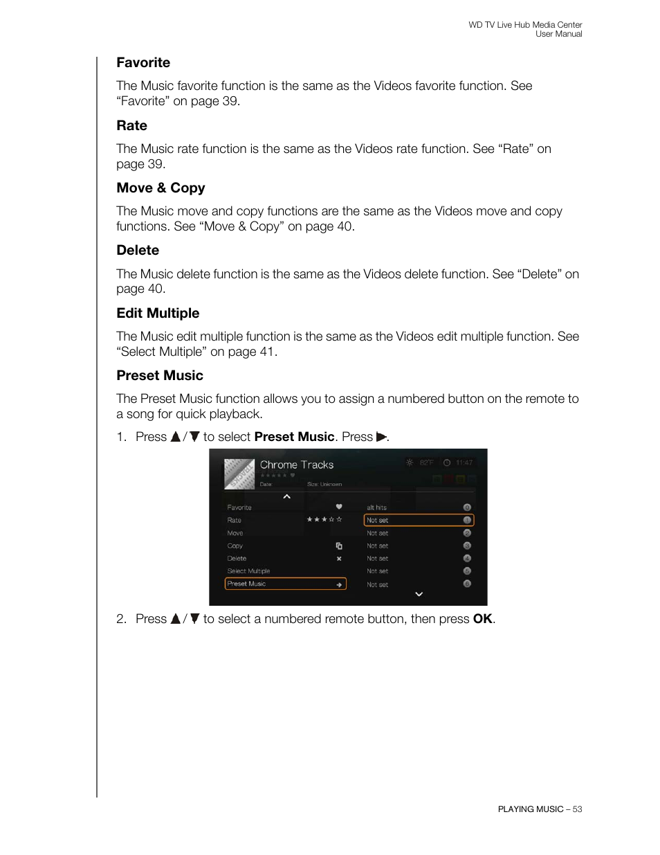 Favorite, Rate, Move & copy | Delete, Edit multiple, Preset music | Western Digital WD TV Live Hub Media Center User Manual User Manual | Page 58 / 241