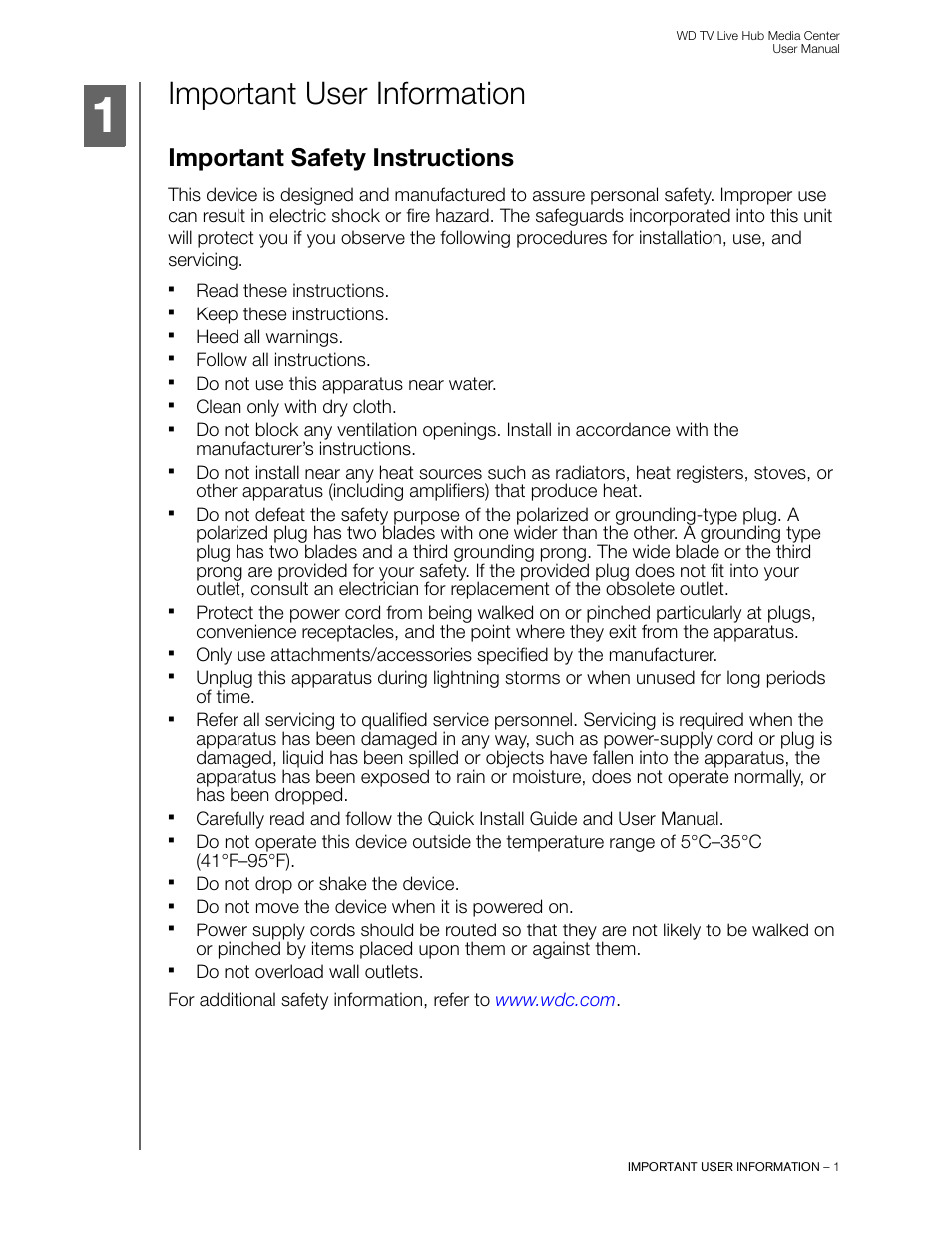 Important user information, Important safety instructions | Western Digital WD TV Live Hub Media Center User Manual User Manual | Page 6 / 241