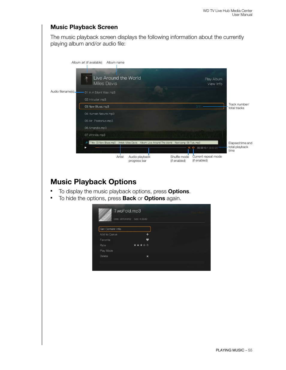 Music playback screen, Music playback options | Western Digital WD TV Live Hub Media Center User Manual User Manual | Page 60 / 241