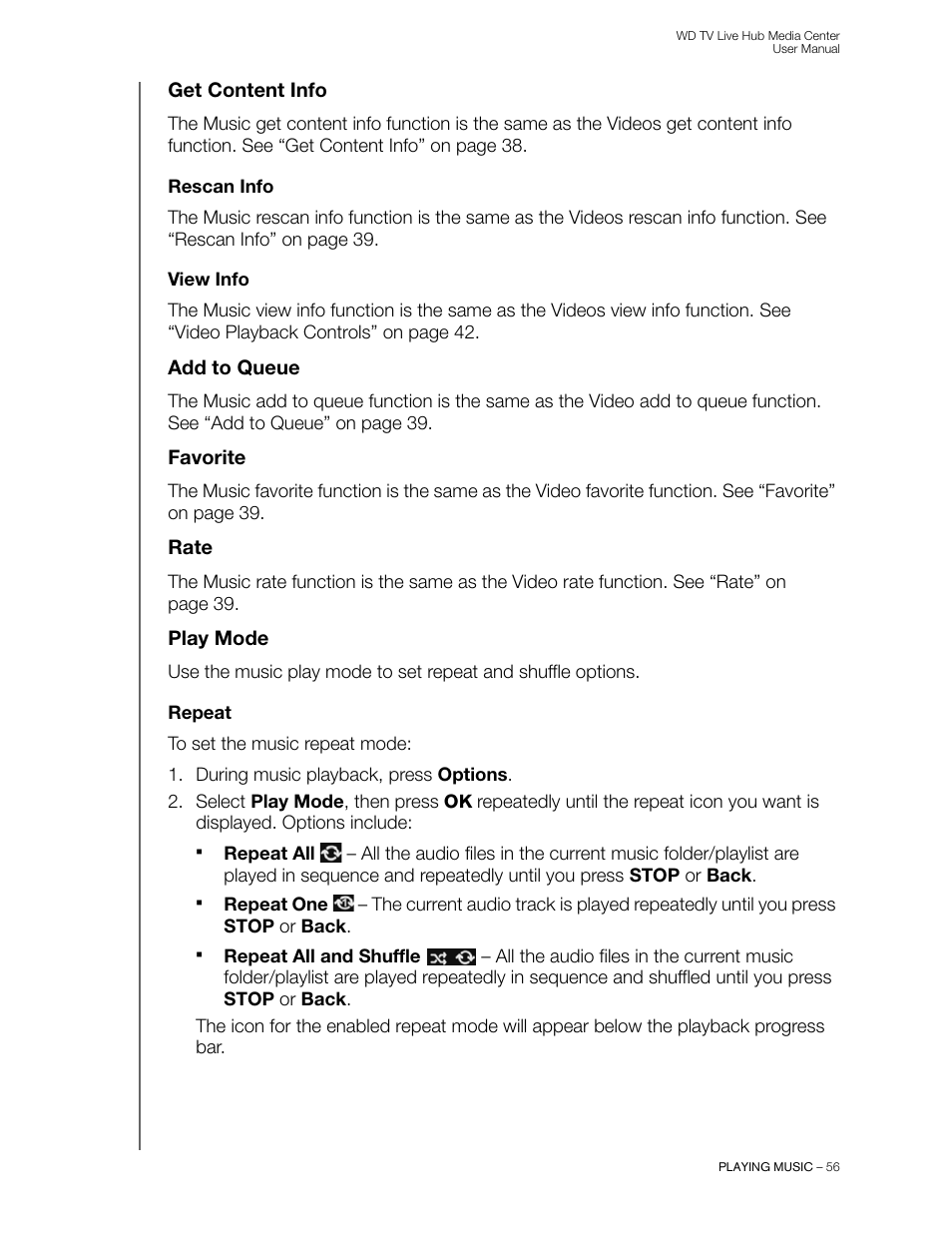 Get content info, Rescan info, View info | Add to queue, Favorite, Rate, Play mode, Repeat | Western Digital WD TV Live Hub Media Center User Manual User Manual | Page 61 / 241