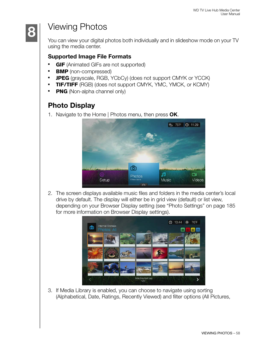 Viewing photos, Supported image file formats, Photo display | Western Digital WD TV Live Hub Media Center User Manual User Manual | Page 63 / 241