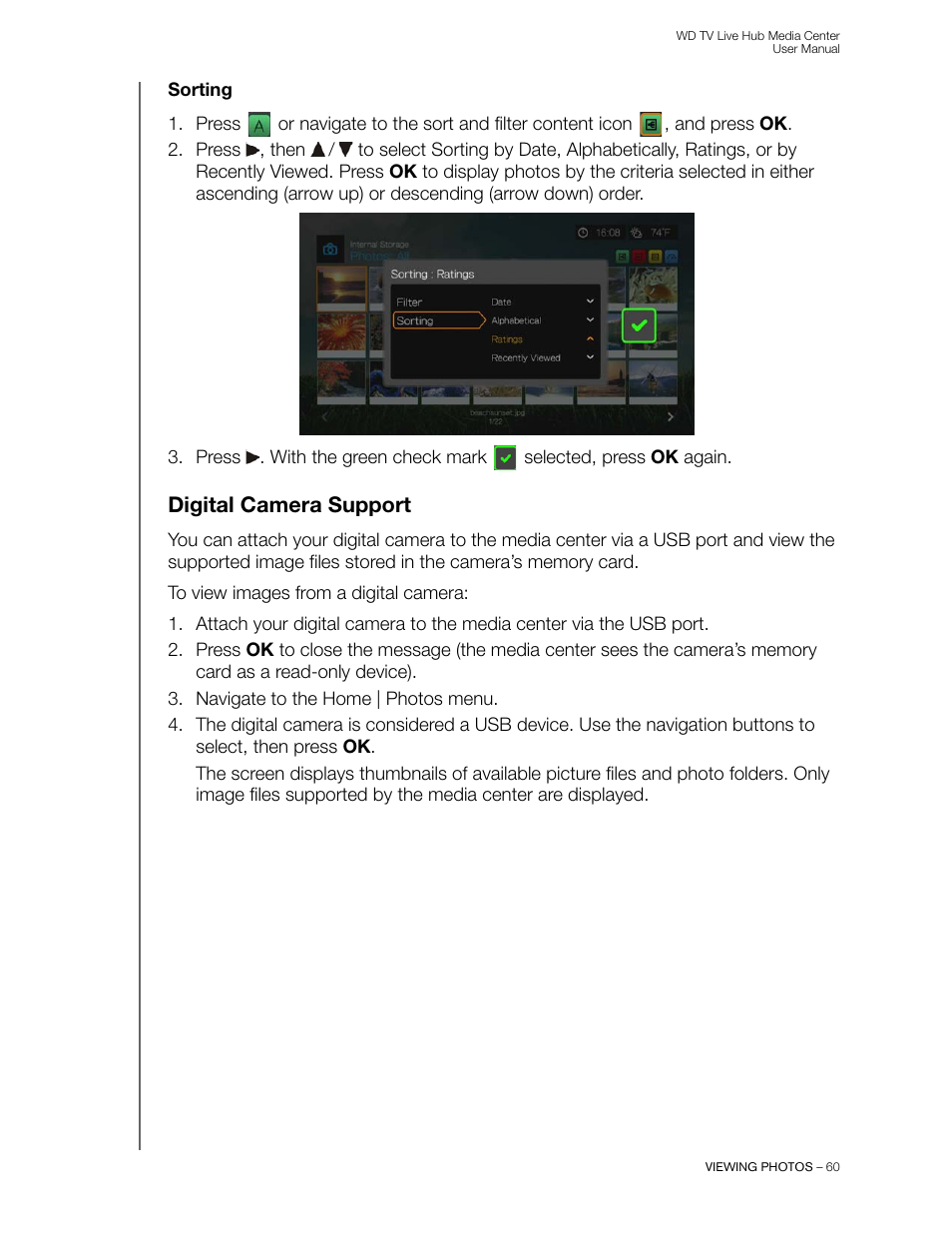 Sorting, Digital camera support | Western Digital WD TV Live Hub Media Center User Manual User Manual | Page 65 / 241