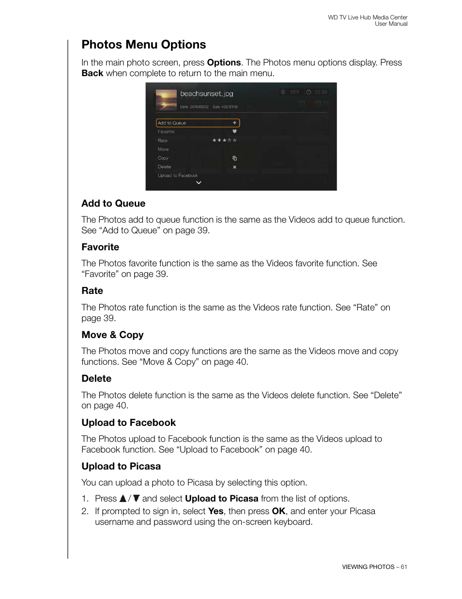 Photos menu options, Add to queue, Favorite | Rate, Move & copy, Delete, Upload to facebook, Upload to picasa | Western Digital WD TV Live Hub Media Center User Manual User Manual | Page 66 / 241