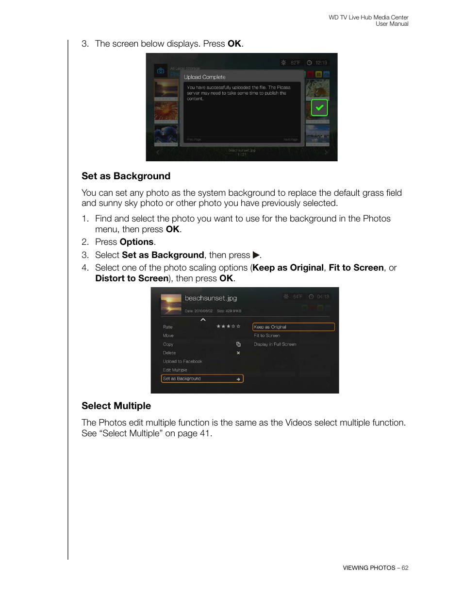 Set as background, Select multiple | Western Digital WD TV Live Hub Media Center User Manual User Manual | Page 67 / 241
