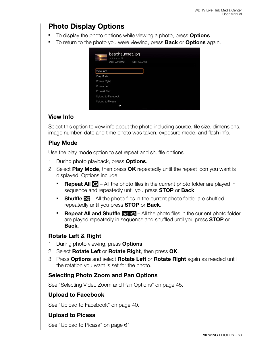 Photo display options, View info, Play mode | Rotate left & right, Selecting photo zoom and pan options, Upload to facebook, Upload to picasa | Western Digital WD TV Live Hub Media Center User Manual User Manual | Page 68 / 241