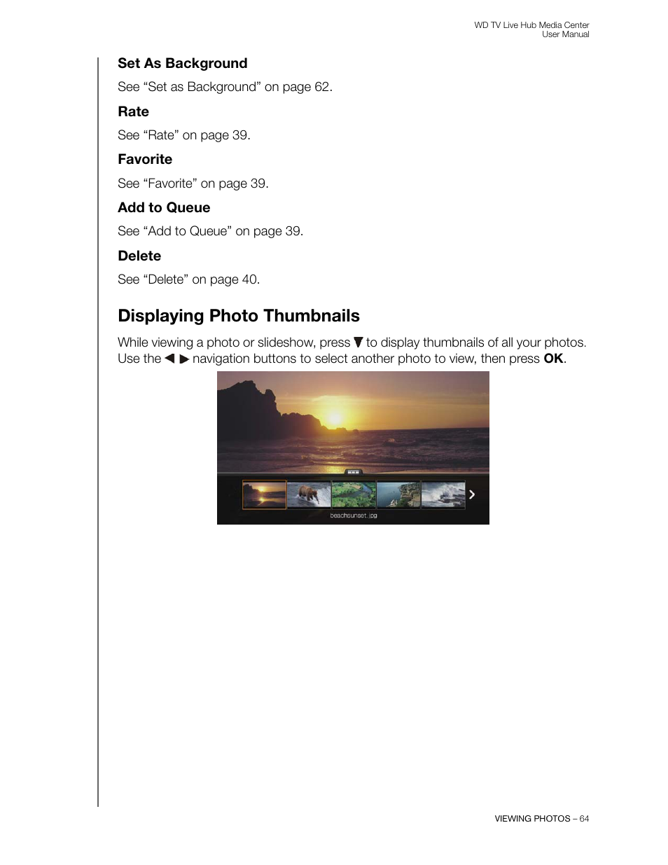 Set as background, Rate, Favorite | Add to queue, Delete, Displaying photo thumbnails | Western Digital WD TV Live Hub Media Center User Manual User Manual | Page 69 / 241
