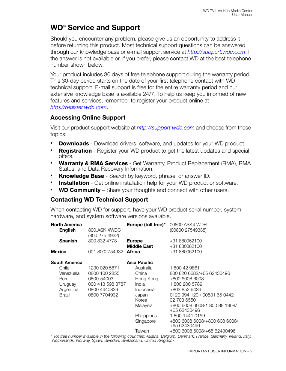 Wd® service and support, Accessing online support, Contacting wd technical support | Service and support | Western Digital WD TV Live Hub Media Center User Manual User Manual | Page 7 / 241