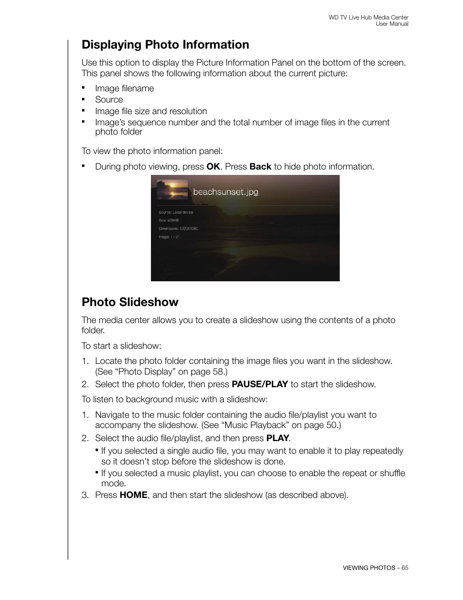 Displaying photo information, Photo slideshow | Western Digital WD TV Live Hub Media Center User Manual User Manual | Page 70 / 241