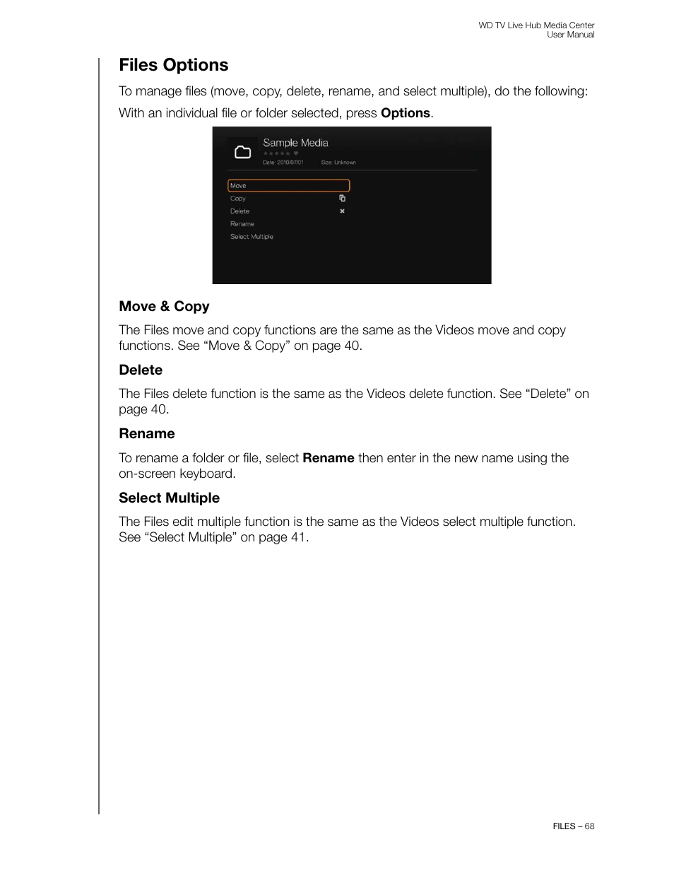 Files options, Move & copy, Delete | Rename, Select multiple | Western Digital WD TV Live Hub Media Center User Manual User Manual | Page 73 / 241