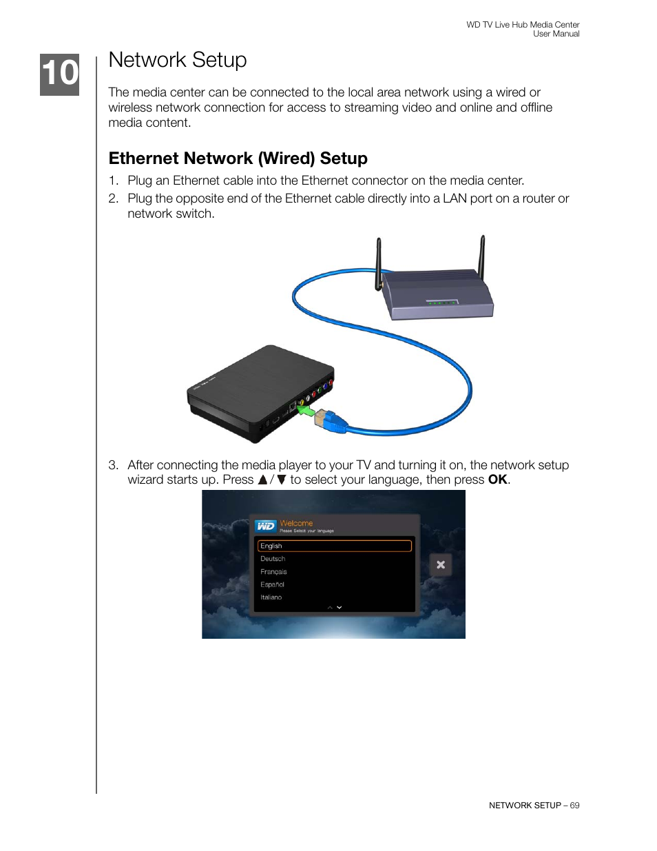 Network setup, Ethernet network (wired) setup | Western Digital WD TV Live Hub Media Center User Manual User Manual | Page 74 / 241