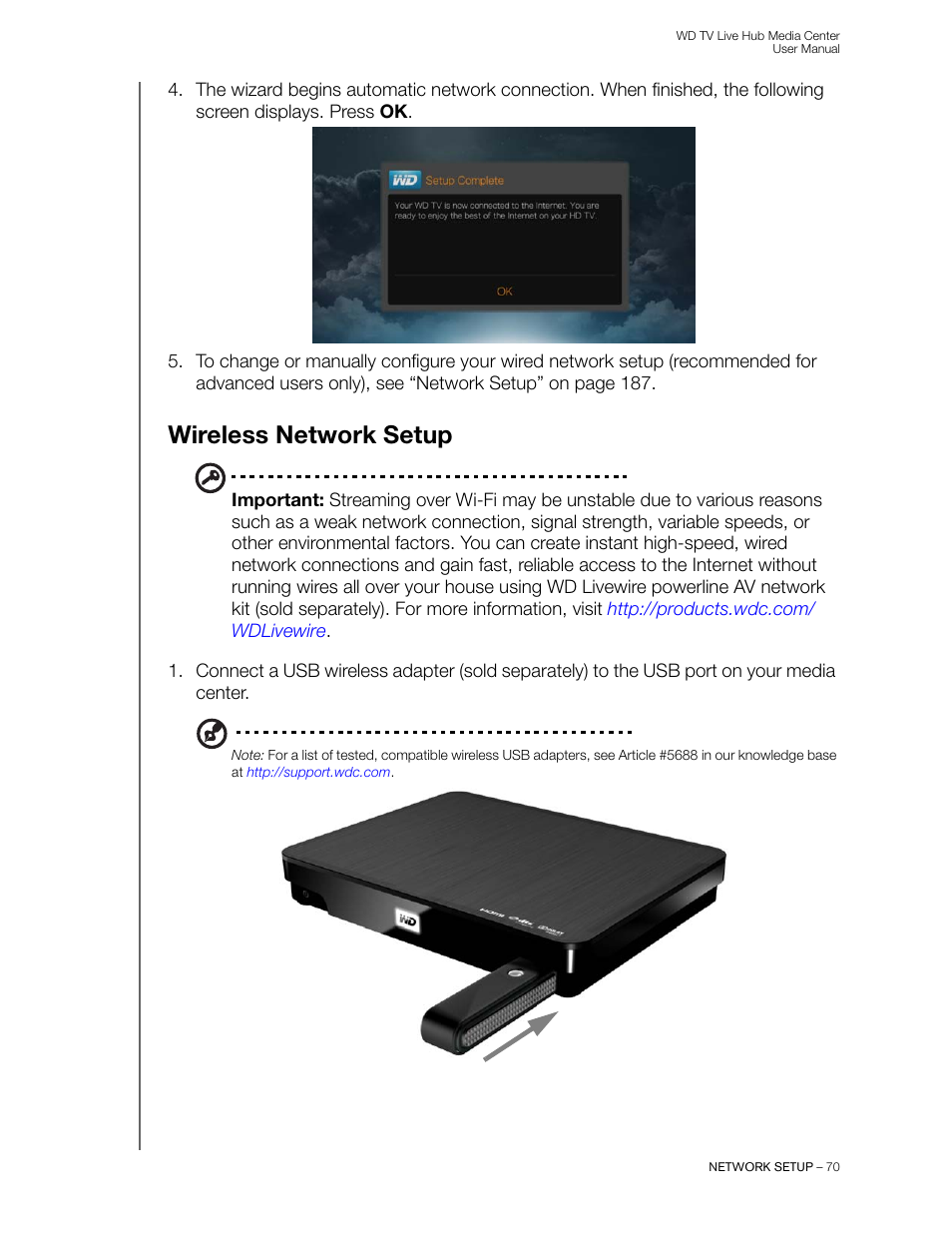 Wireless network setup | Western Digital WD TV Live Hub Media Center User Manual User Manual | Page 75 / 241