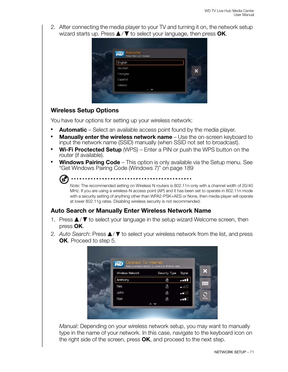 Wireless setup options | Western Digital WD TV Live Hub Media Center User Manual User Manual | Page 76 / 241