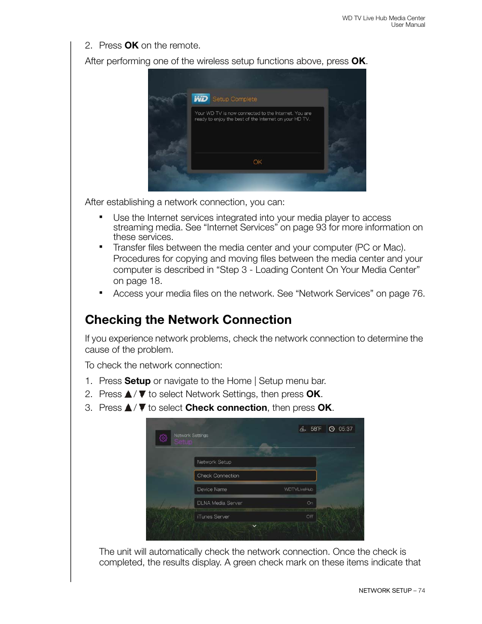 Checking the network connection | Western Digital WD TV Live Hub Media Center User Manual User Manual | Page 79 / 241