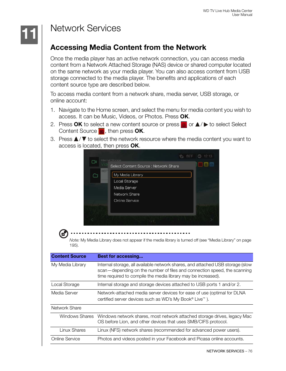 Network services, Accessing media content from the network | Western Digital WD TV Live Hub Media Center User Manual User Manual | Page 81 / 241