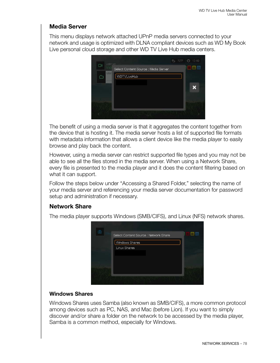 Media server, Network share, Windows shares | Western Digital WD TV Live Hub Media Center User Manual User Manual | Page 83 / 241