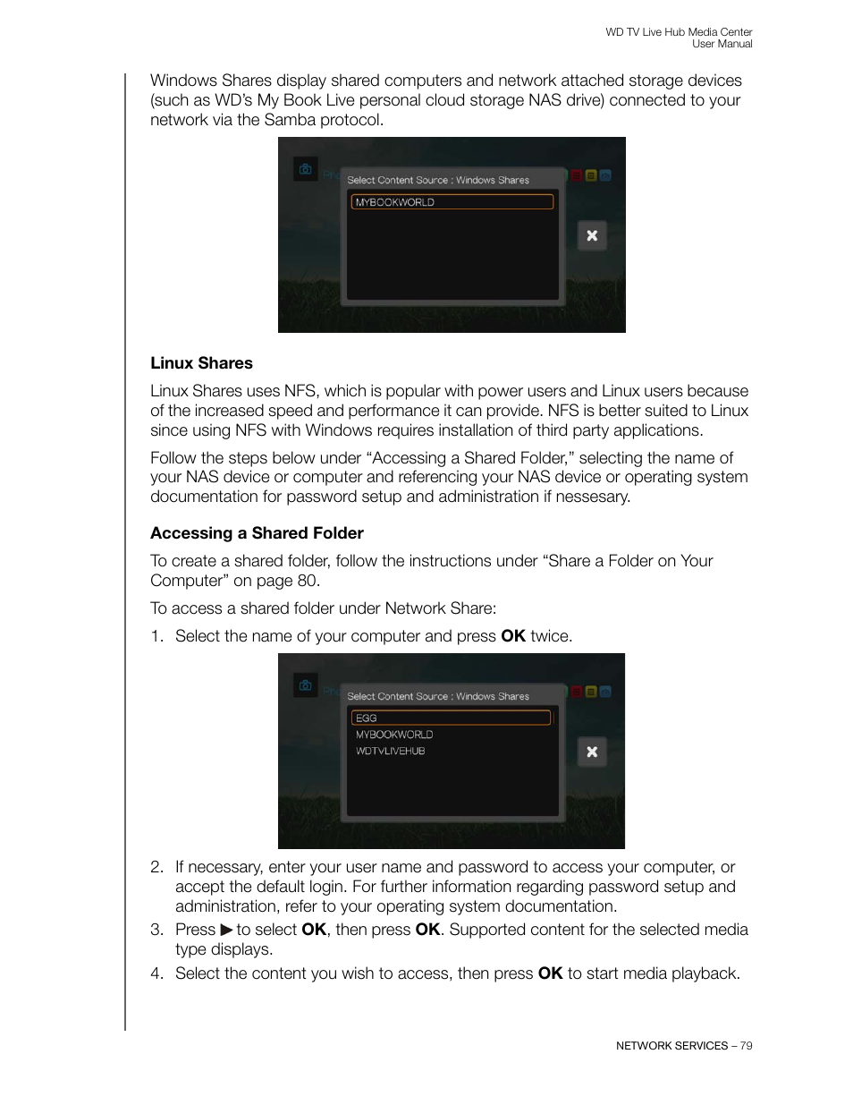 Linux shares, Accessing a shared folder | Western Digital WD TV Live Hub Media Center User Manual User Manual | Page 84 / 241